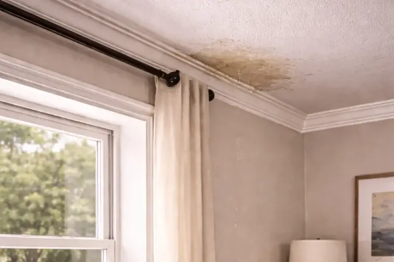 Dripping roof leak at room edge.